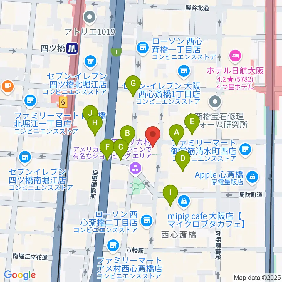 三木楽器アメリカ村店周辺の駐車場・コインパーキング一覧地図