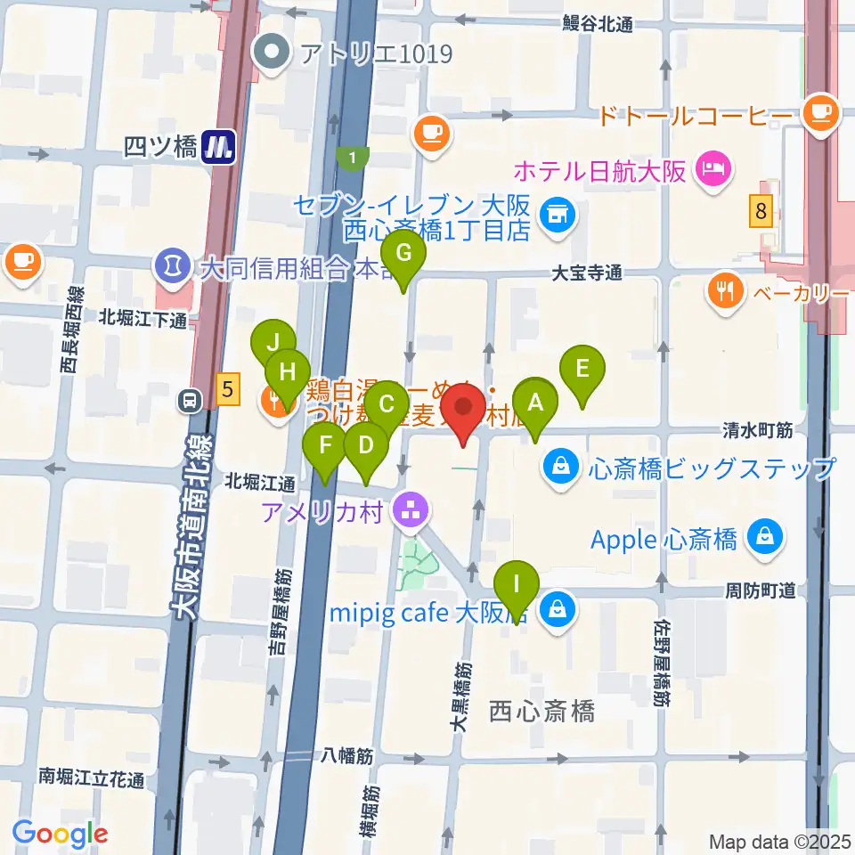 三木楽器アメリカ村店周辺の駐車場・コインパーキング一覧地図