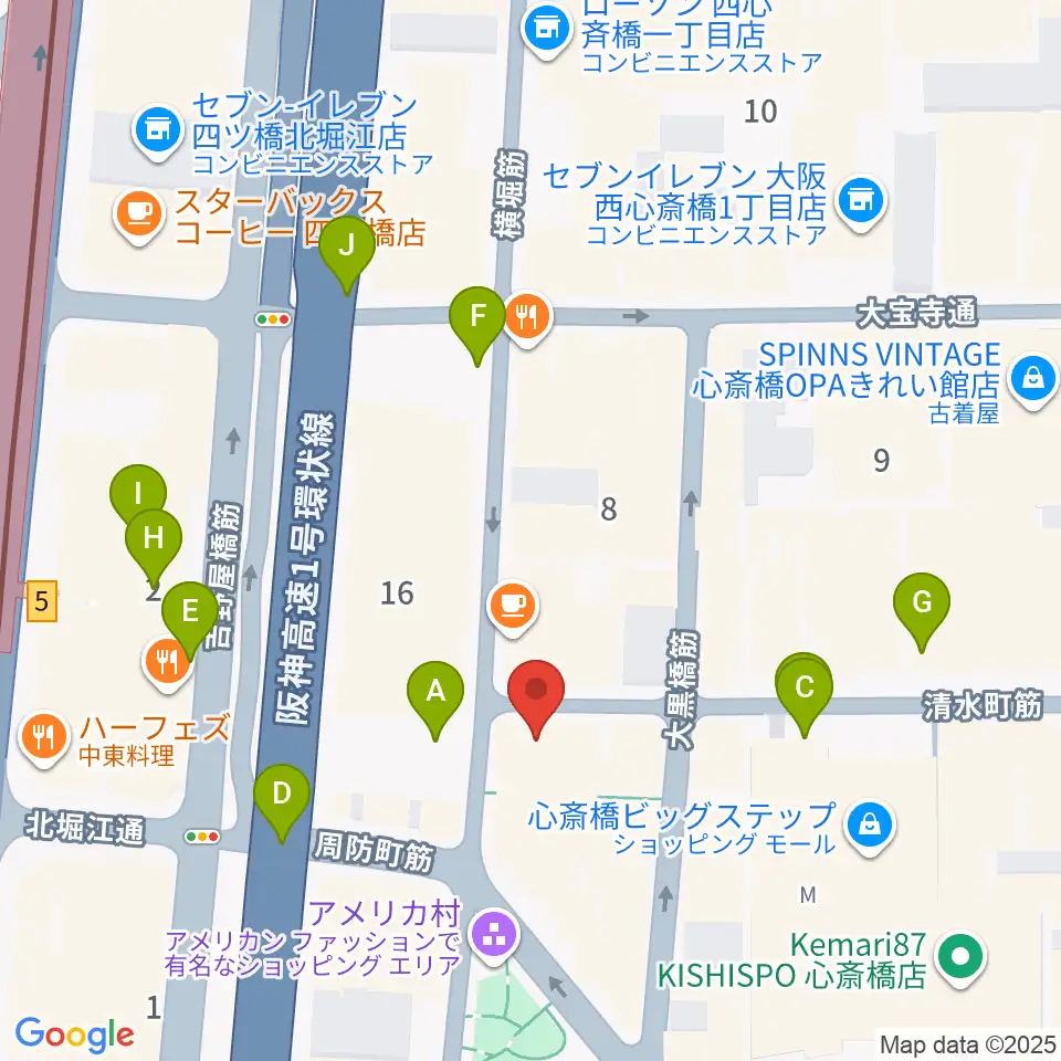 三木楽器アメリカ村店周辺の駐車場・コインパーキング一覧地図
