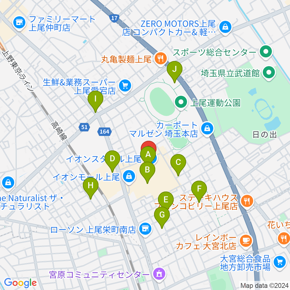 山野楽器イオンモール上尾店周辺の駐車場・コインパーキング一覧地図