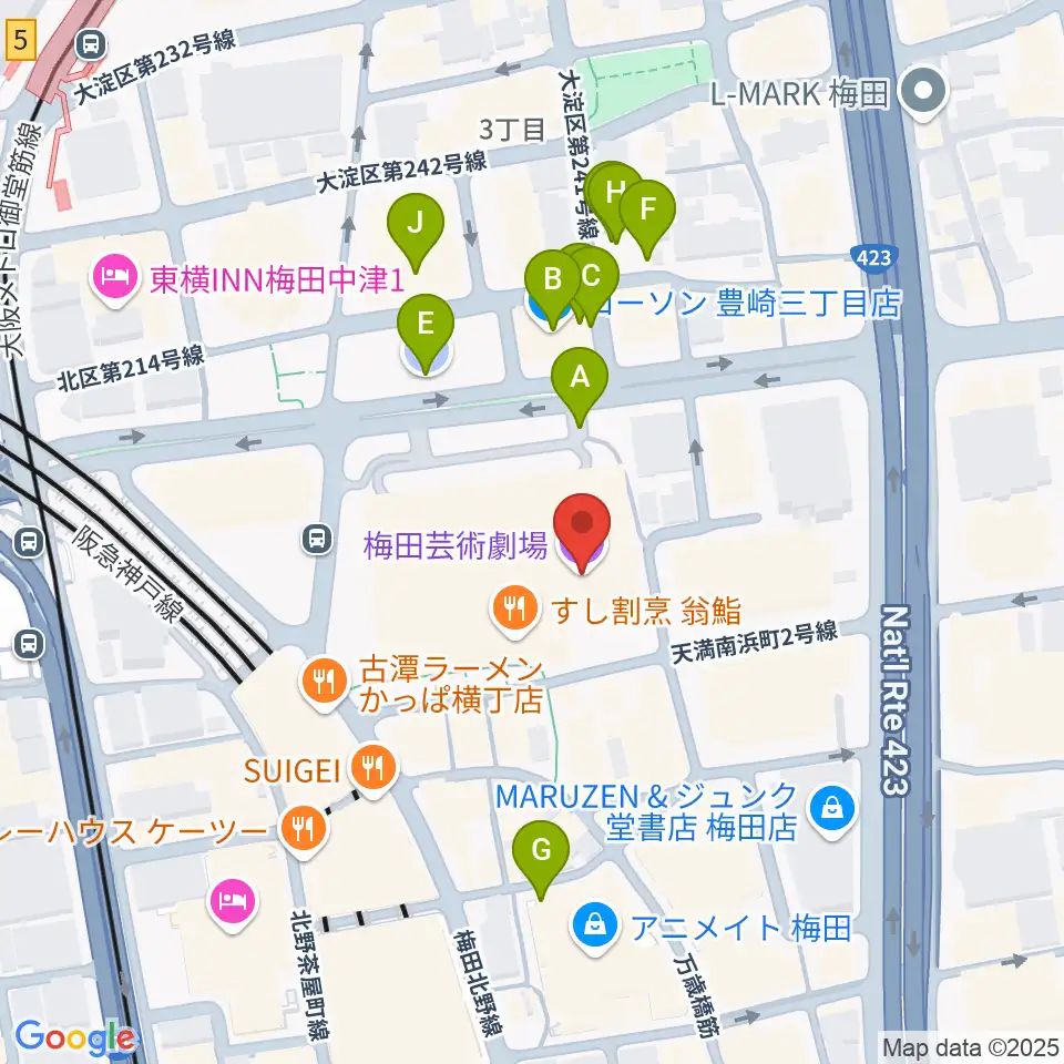 梅田芸術劇場周辺の駐車場・コインパーキング一覧地図