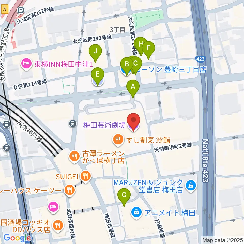 梅田芸術劇場周辺の駐車場・コインパーキング一覧地図