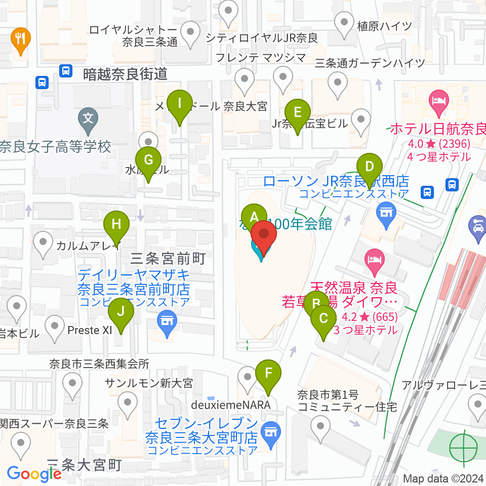 なら100年会館周辺の駐車場・コインパーキング一覧地図