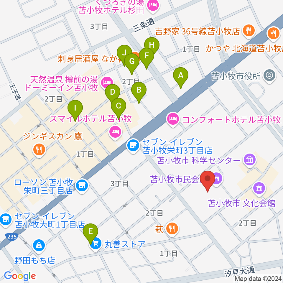 苫小牧市民会館周辺の駐車場・コインパーキング一覧地図