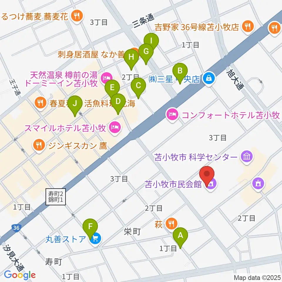 苫小牧市民会館周辺の駐車場・コインパーキング一覧地図