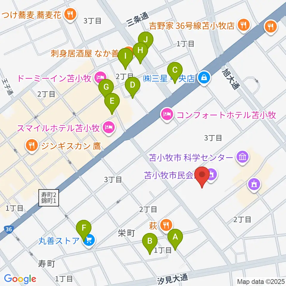 苫小牧市民会館周辺の駐車場・コインパーキング一覧地図