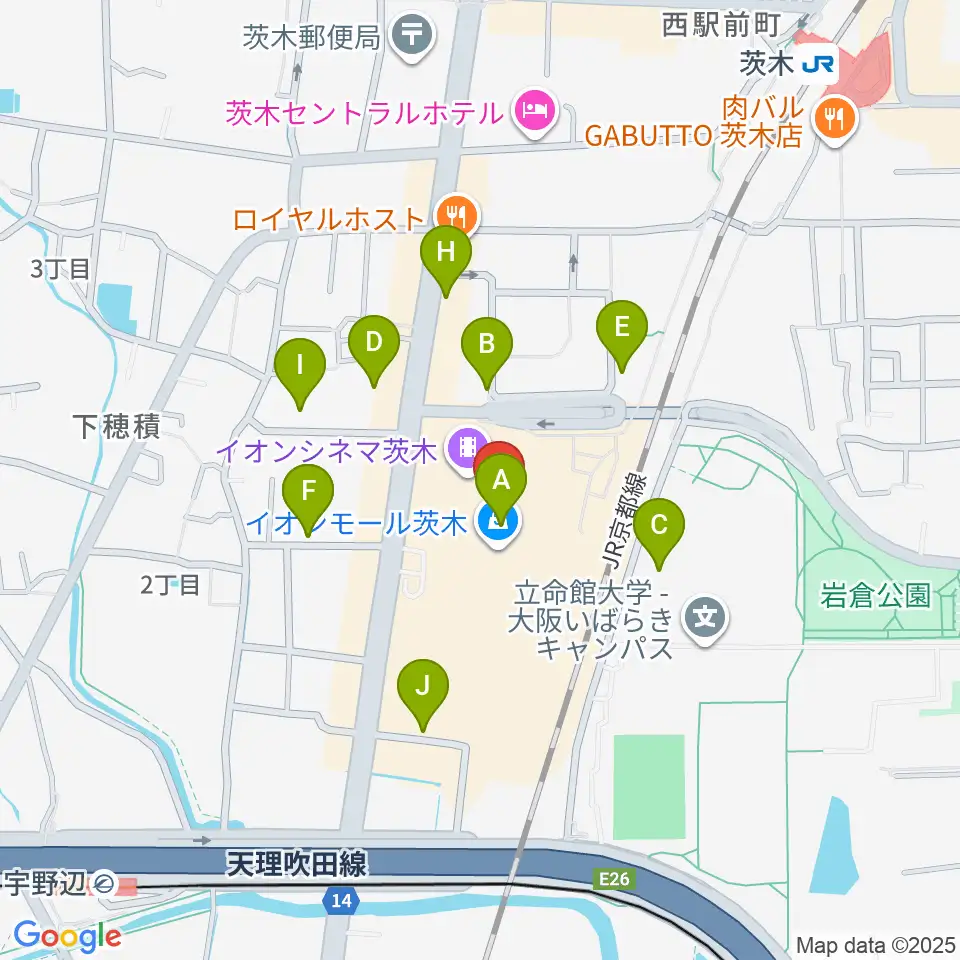 JEUGIAイオンモール茨木店周辺の駐車場・コインパーキング一覧地図