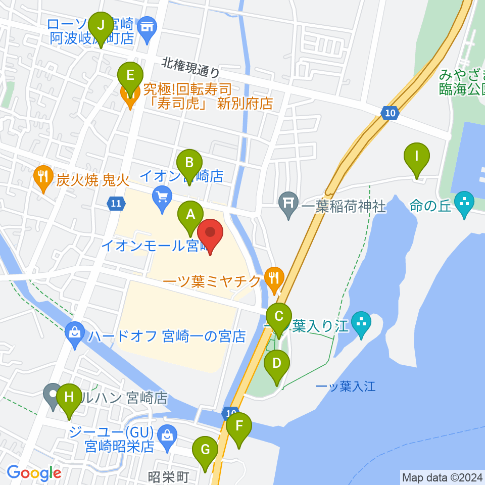 島村楽器イオンモール宮崎店周辺の駐車場・コインパーキング一覧地図