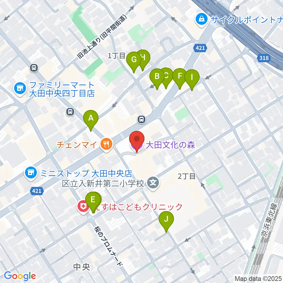 大田文化の森ホール周辺の駐車場・コインパーキング一覧地図