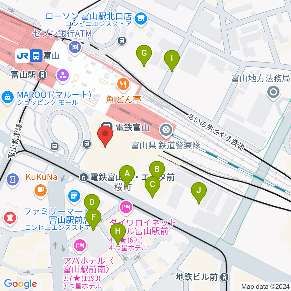 富山県民小劇場オルビス周辺の駐車場・コインパーキング一覧地図