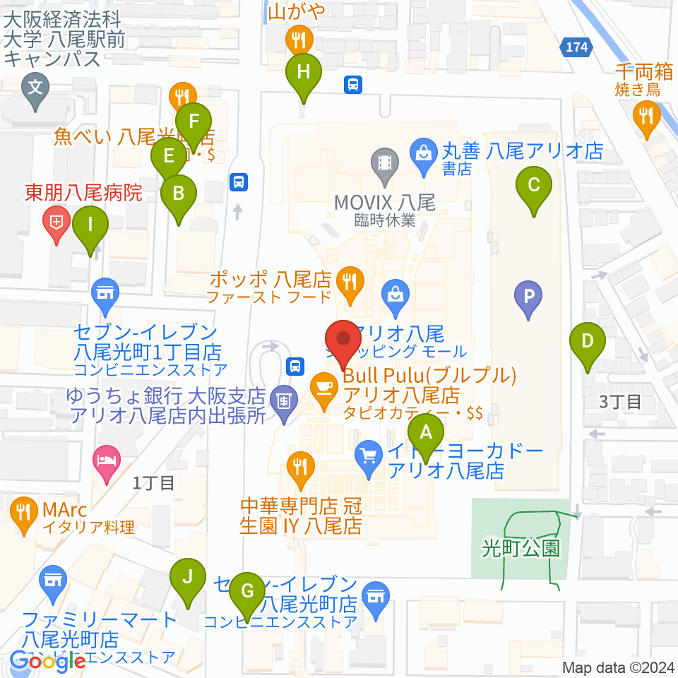 小阪楽器店 アリオ八尾店周辺の駐車場・コインパーキング一覧地図