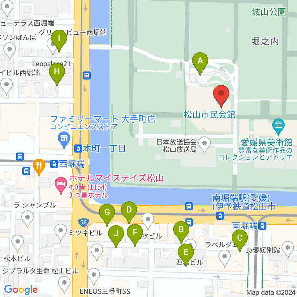 松山市民会館周辺の駐車場・コインパーキング一覧地図