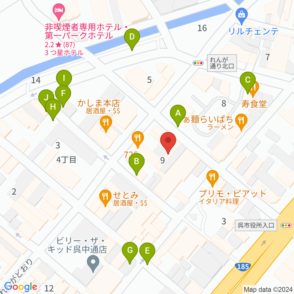 なかやま楽器 呉本店周辺の駐車場・コインパーキング一覧地図