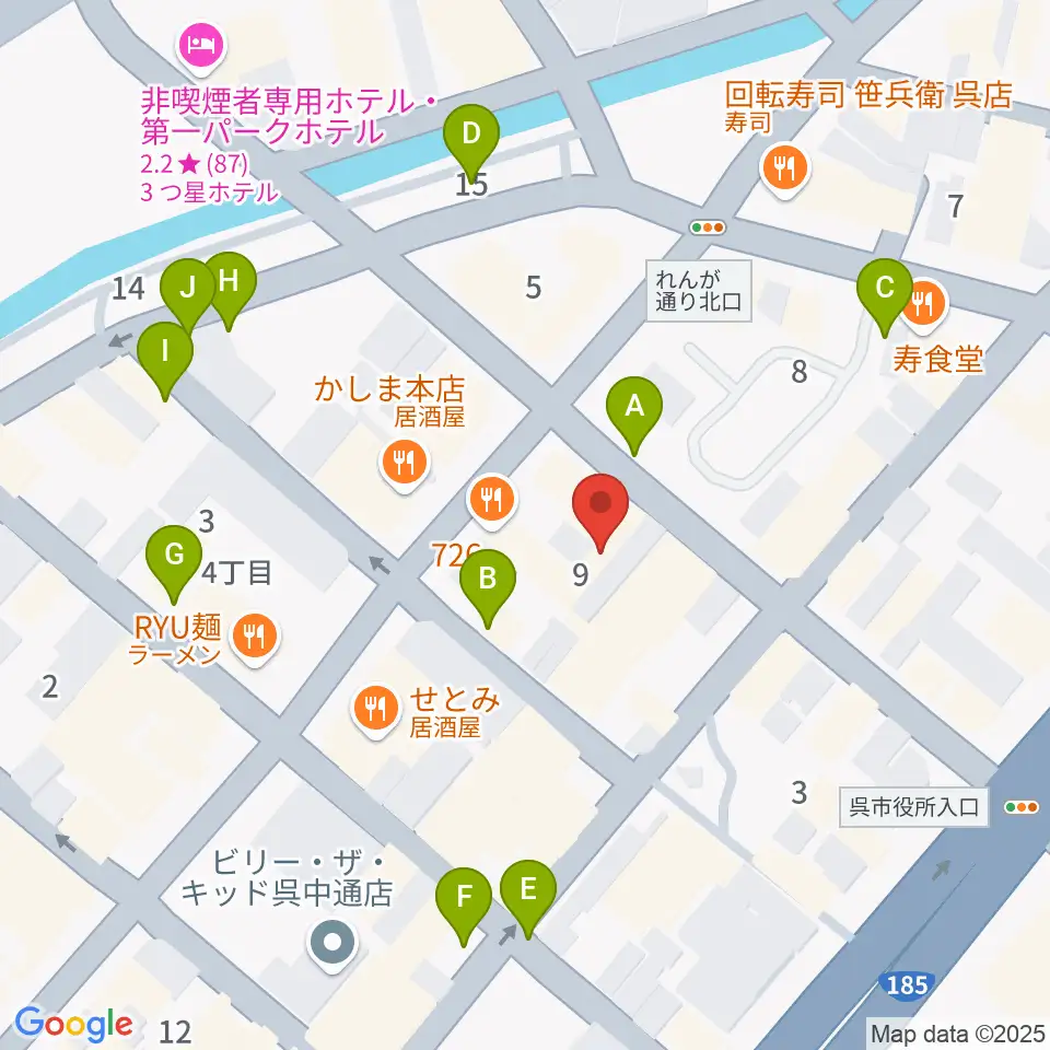 なかやま楽器 呉本店周辺の駐車場・コインパーキング一覧地図