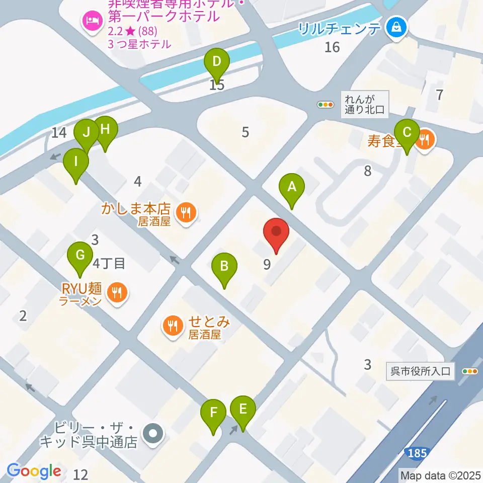 なかやま楽器 呉本店周辺の駐車場・コインパーキング一覧地図