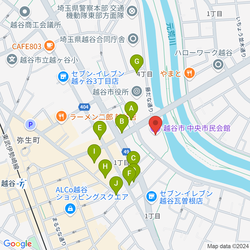 越谷市中央市民会館周辺の駐車場・コインパーキング一覧地図