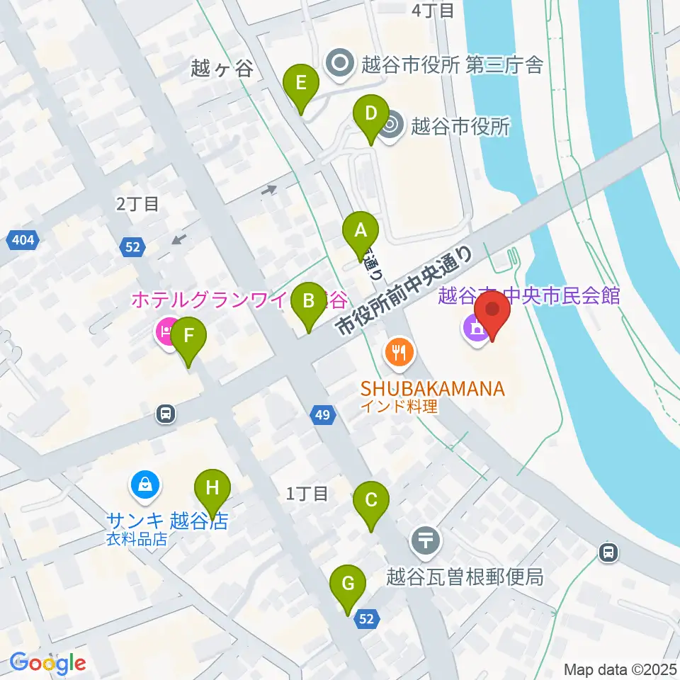 越谷市中央市民会館周辺の駐車場・コインパーキング一覧地図