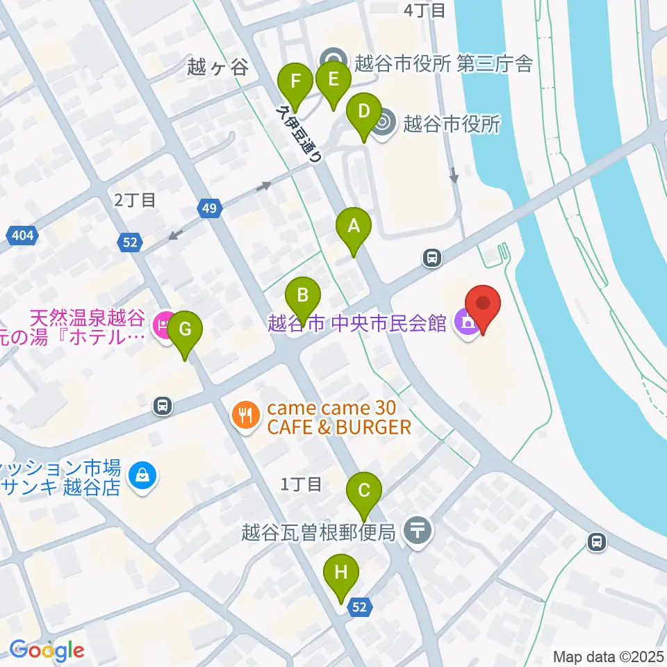 越谷市中央市民会館周辺の駐車場・コインパーキング一覧地図
