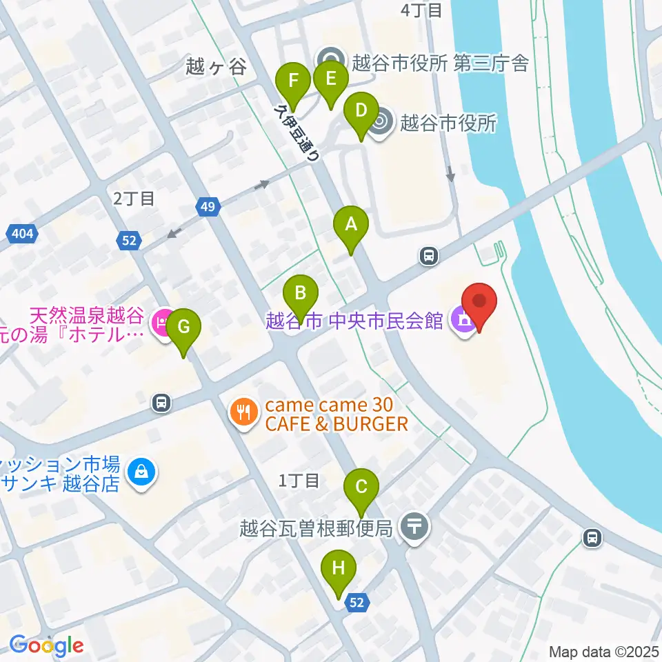 越谷市中央市民会館周辺の駐車場・コインパーキング一覧地図