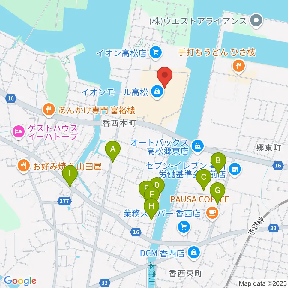楽器堂オーパス イオンモール高松店周辺の駐車場・コインパーキング一覧地図