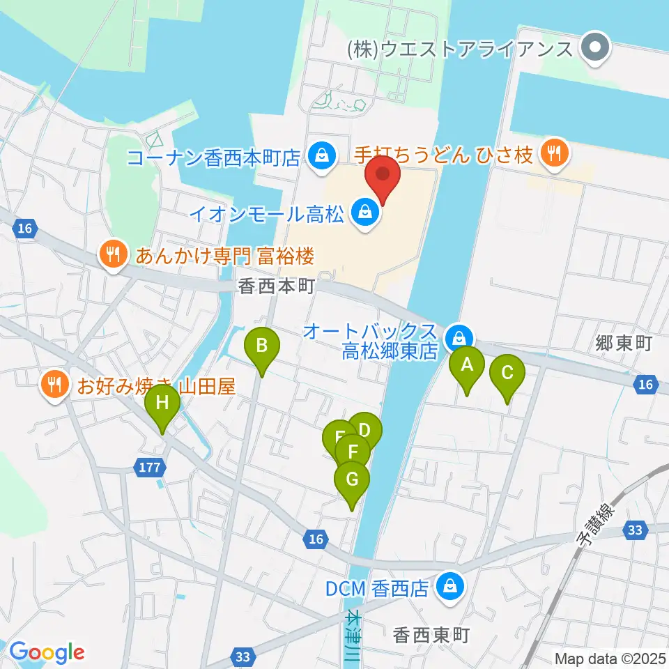 楽器堂オーパス イオンモール高松店周辺の駐車場・コインパーキング一覧地図