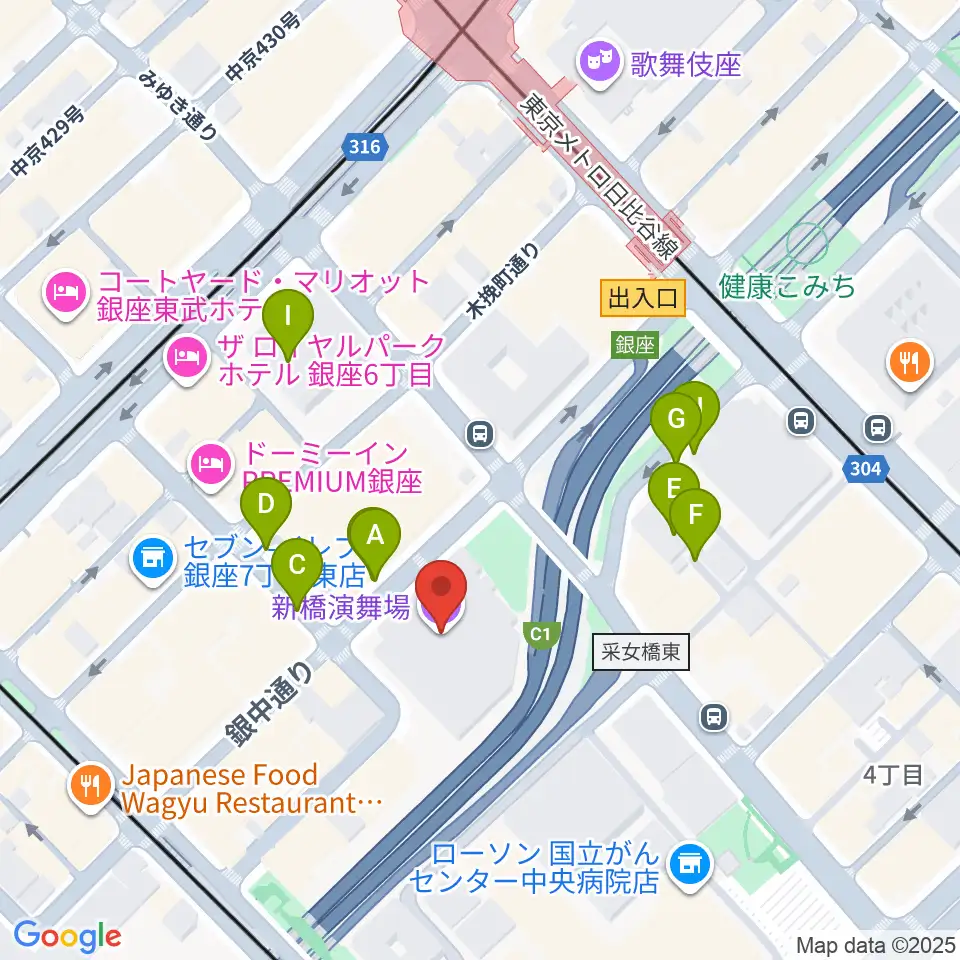新橋演舞場周辺の駐車場・コインパーキング一覧地図