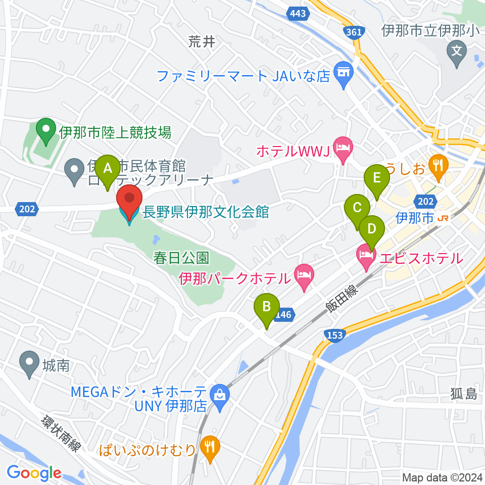 長野県伊那文化会館周辺の駐車場・コインパーキング一覧地図