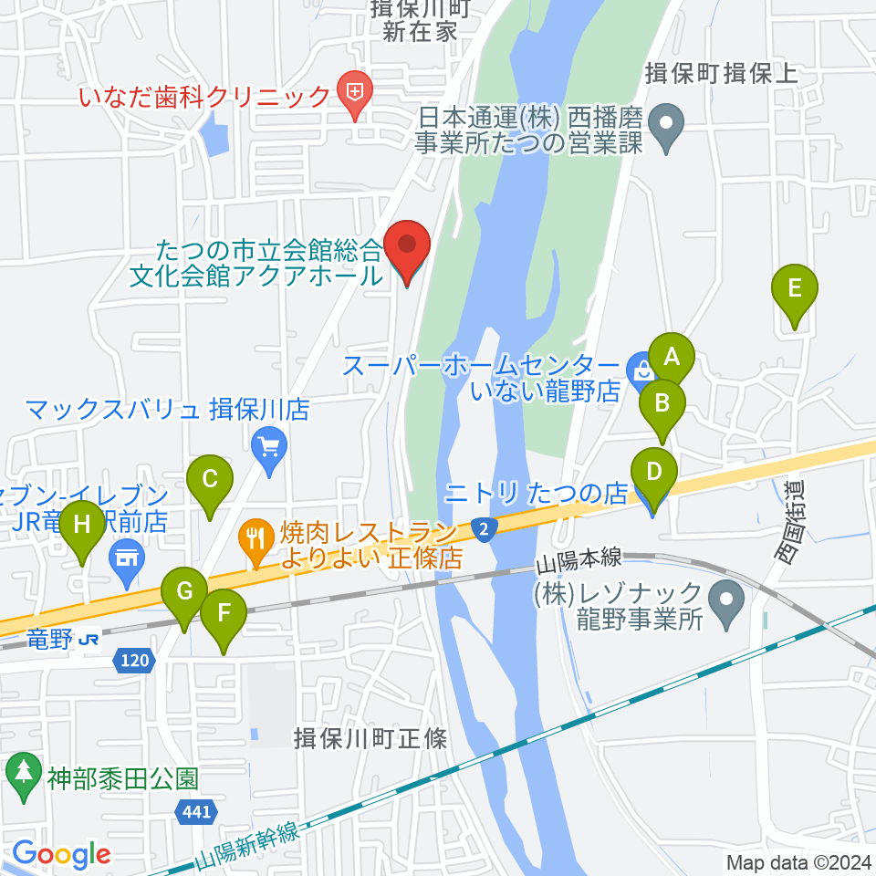 たつの市総合文化会館アクアホール周辺の駐車場・コインパーキング一覧地図