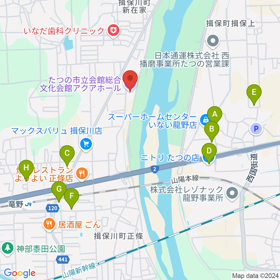 たつの市総合文化会館アクアホール周辺の駐車場・コインパーキング一覧地図