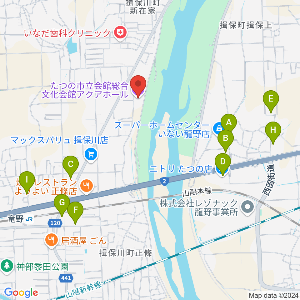 たつの市総合文化会館アクアホール周辺の駐車場・コインパーキング一覧地図