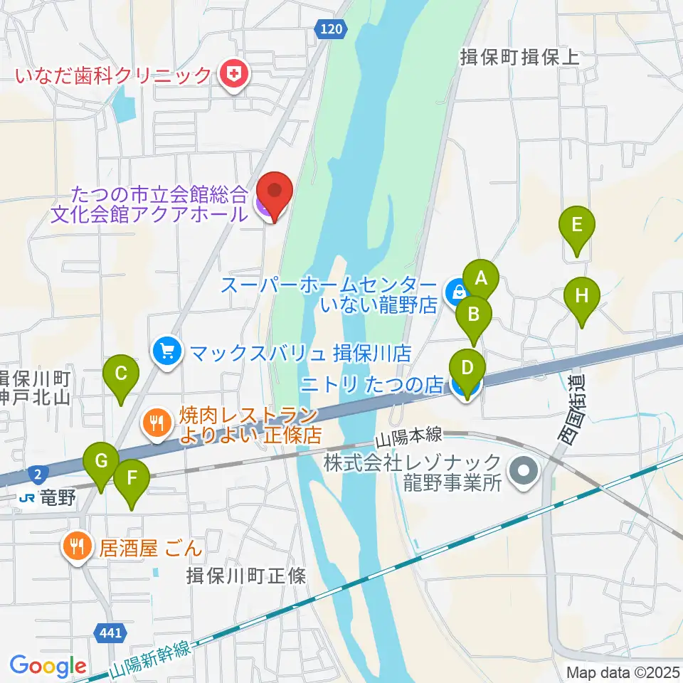 たつの市総合文化会館アクアホール周辺の駐車場・コインパーキング一覧地図