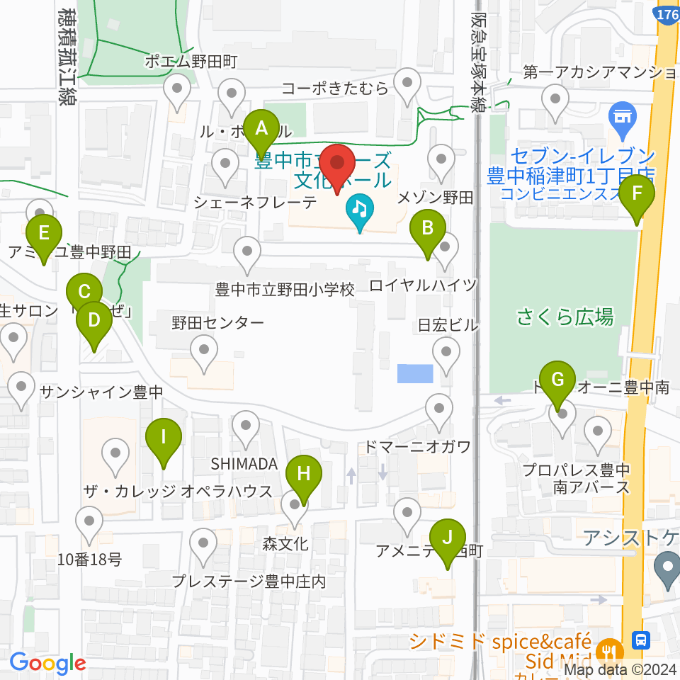 豊中市立ローズ文化ホール周辺の駐車場・コインパーキング一覧地図