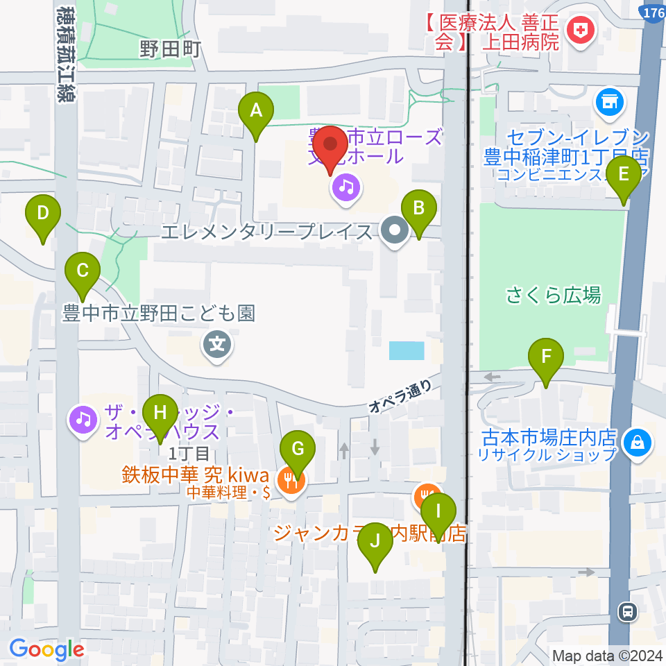 豊中市立ローズ文化ホール周辺の駐車場・コインパーキング一覧地図