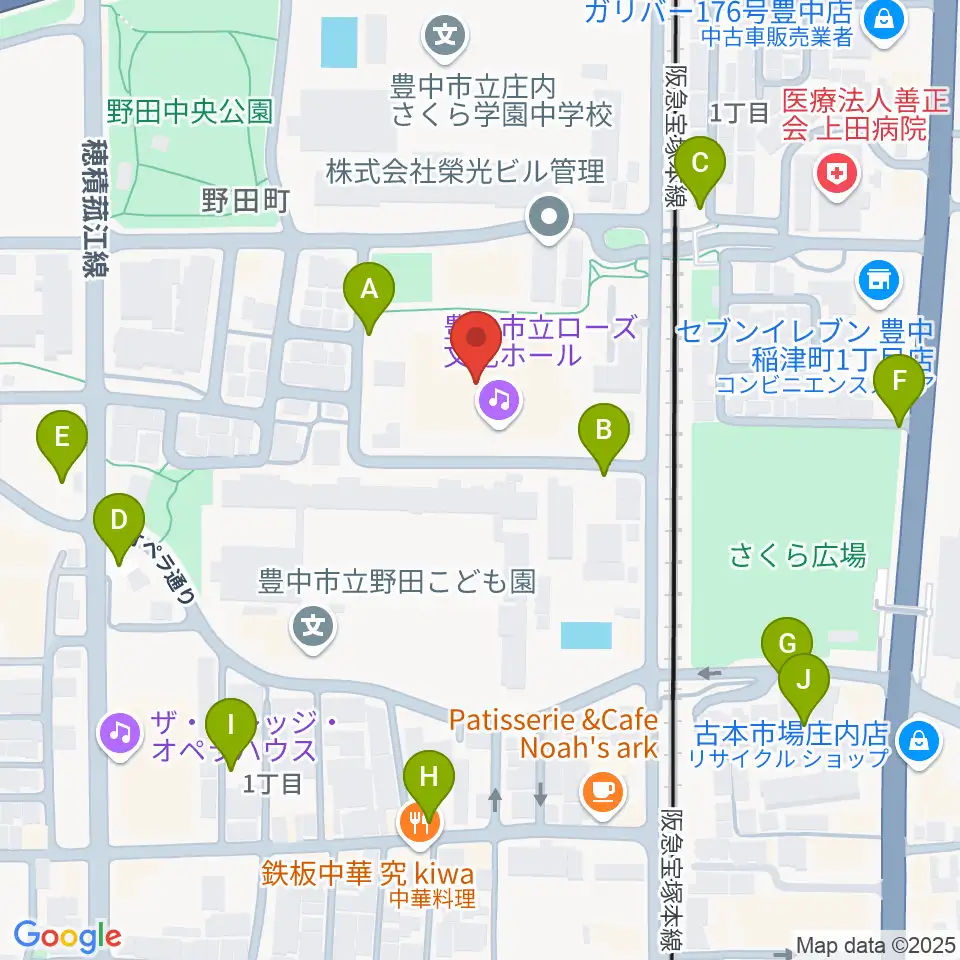 豊中市立ローズ文化ホール周辺の駐車場・コインパーキング一覧地図