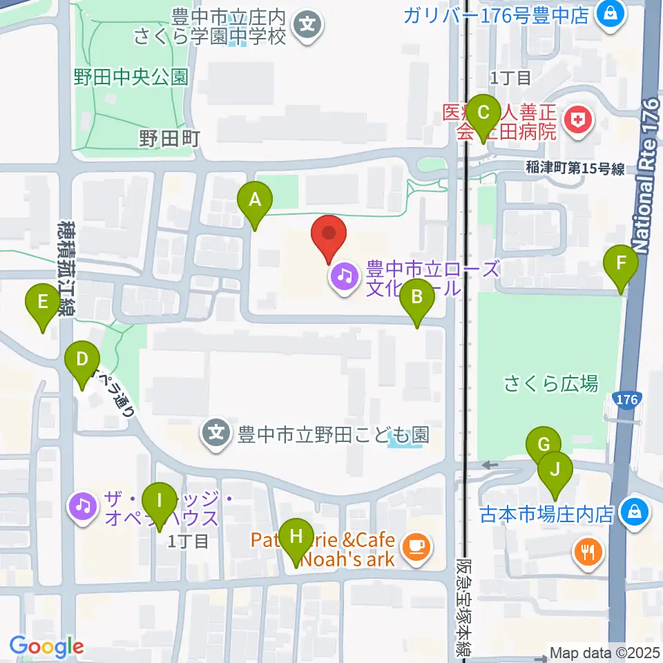 豊中市立ローズ文化ホール周辺の駐車場・コインパーキング一覧地図