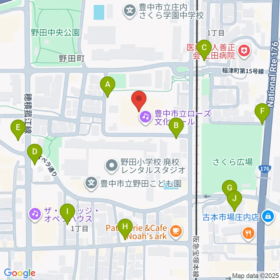 豊中市立ローズ文化ホール周辺の駐車場・コインパーキング一覧地図