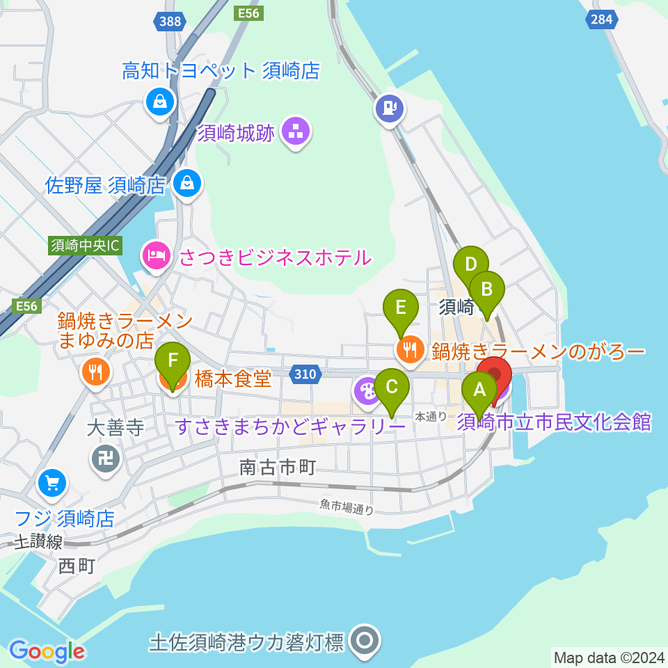 須崎市立市民文化会館周辺の駐車場・コインパーキング一覧地図