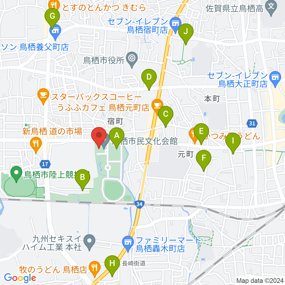 鳥栖市民文化会館周辺の駐車場・コインパーキング一覧地図