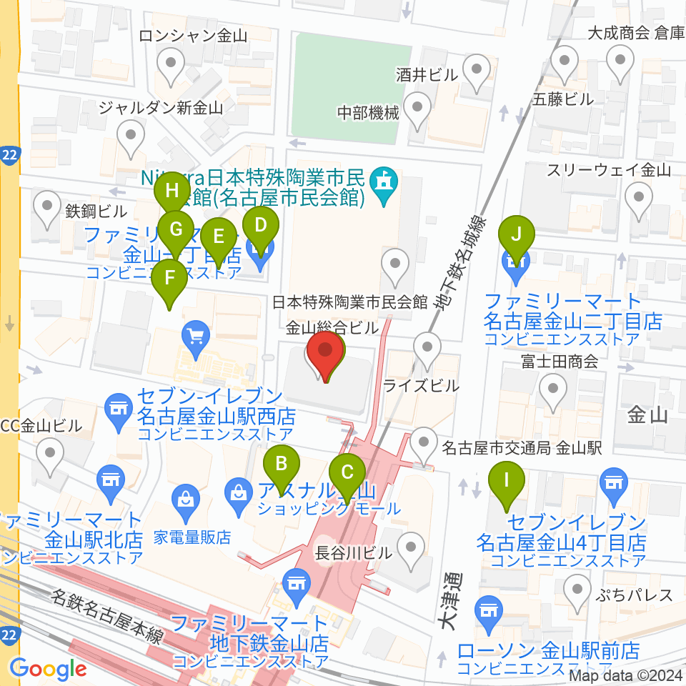 ヨモギヤ楽器 金山センター周辺の駐車場・コインパーキング一覧地図