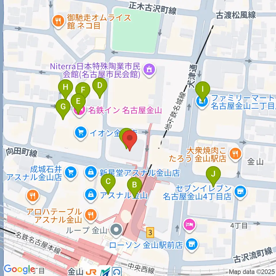 ヨモギヤ楽器 金山センター周辺の駐車場・コインパーキング一覧地図