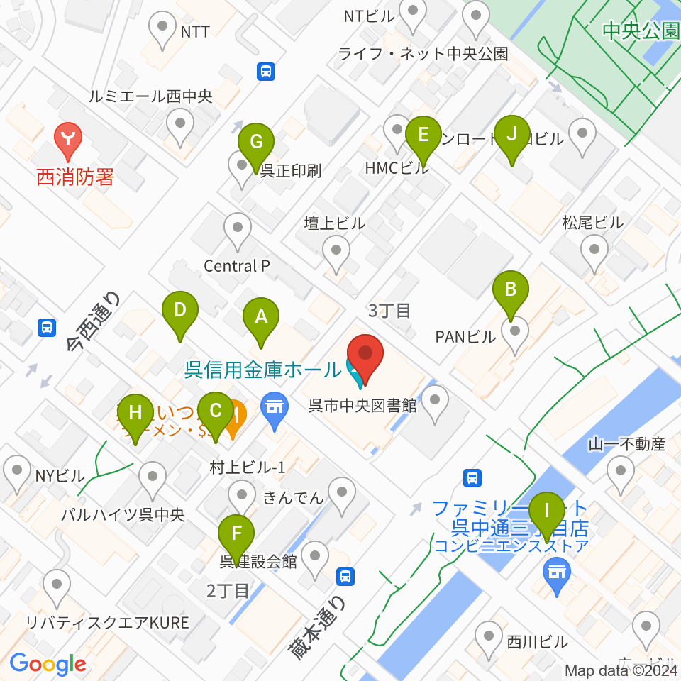 呉信用金庫ホール（呉市文化ホール）周辺の駐車場・コインパーキング一覧地図