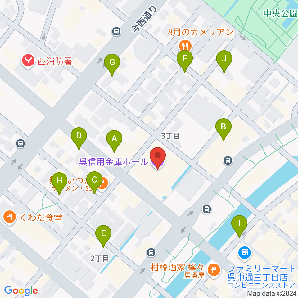 呉信用金庫ホール周辺の駐車場・コインパーキング一覧地図