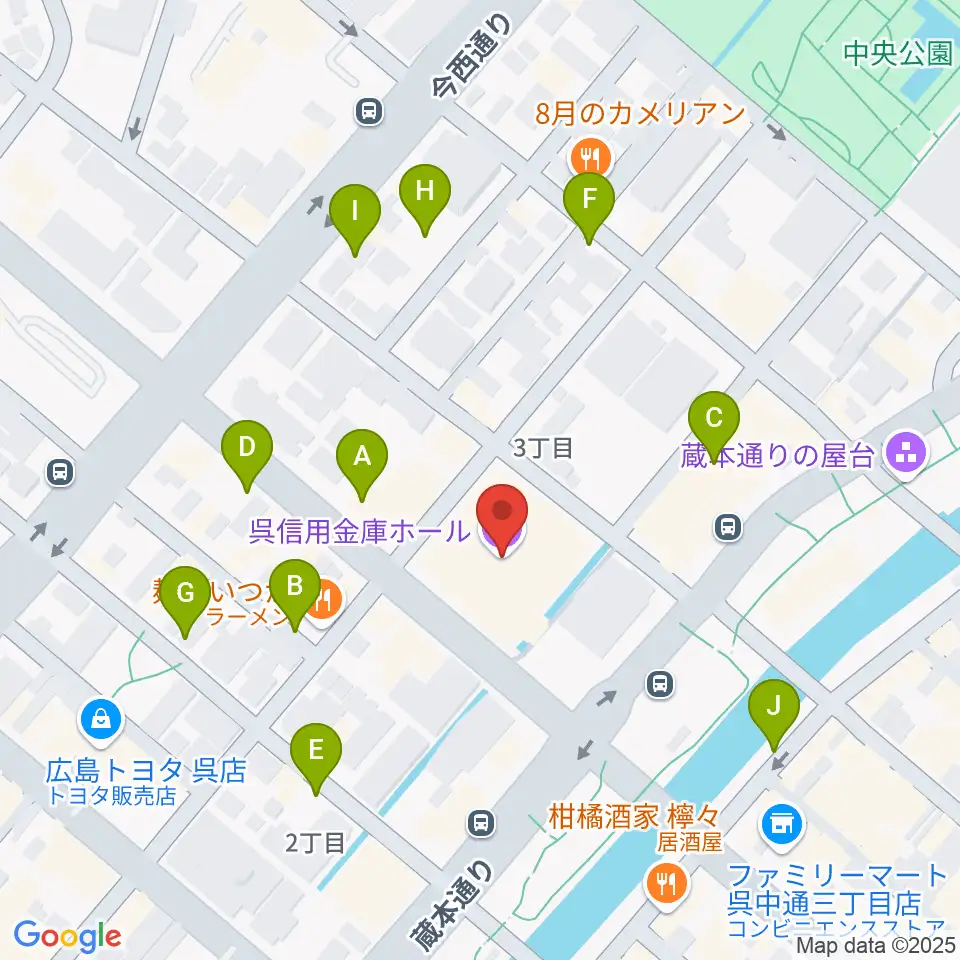 呉信用金庫ホール周辺の駐車場・コインパーキング一覧地図