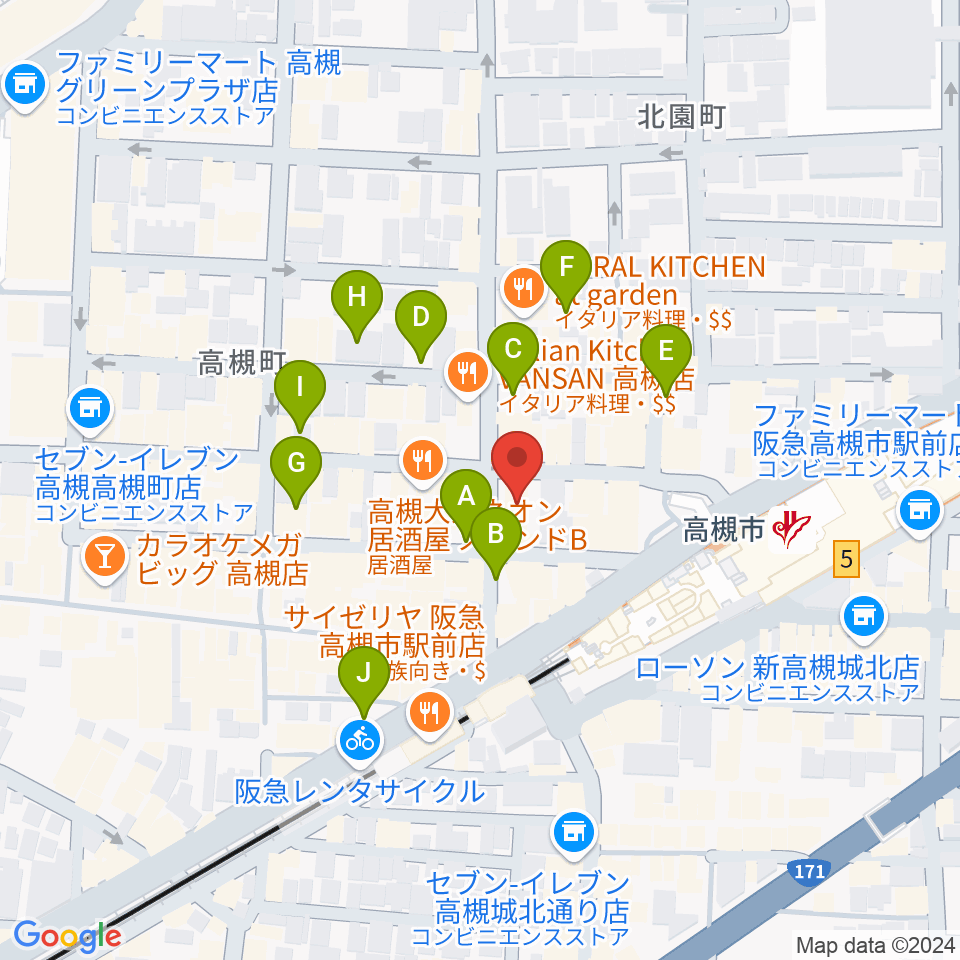 アズイズミュージック高槻店周辺の駐車場・コインパーキング一覧地図