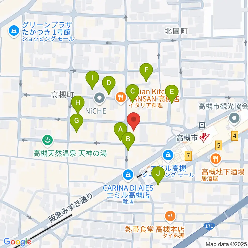 アズイズミュージック高槻店周辺の駐車場・コインパーキング一覧地図