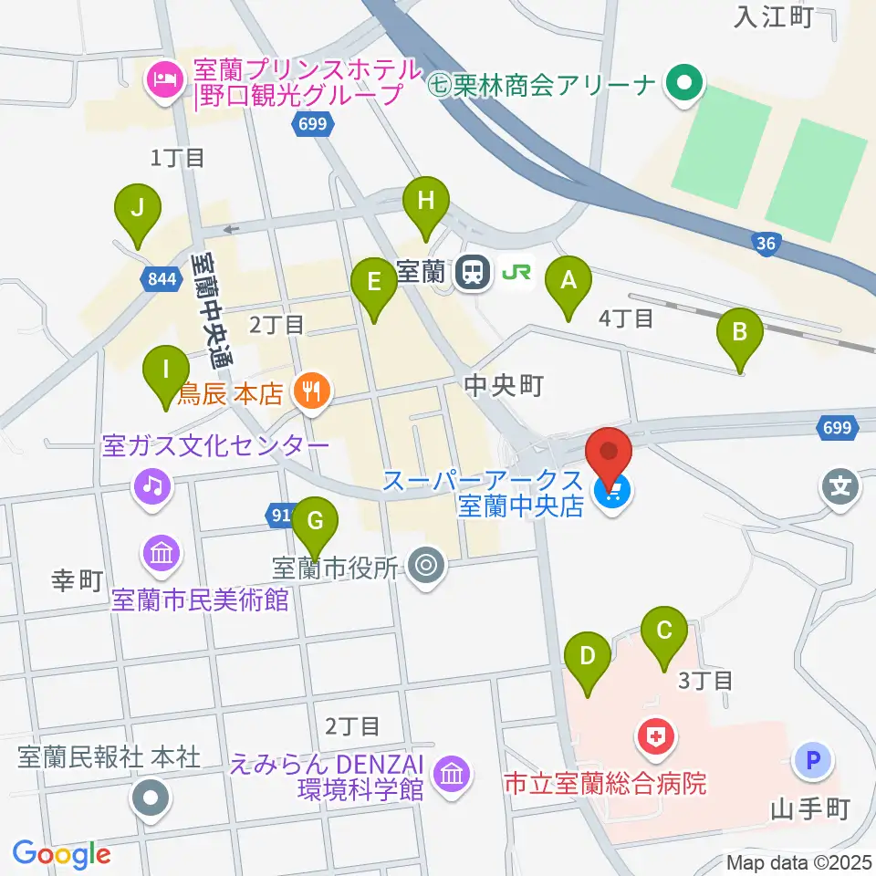 エルム楽器 スーパーアークス室蘭中央センター周辺の駐車場・コインパーキング一覧地図