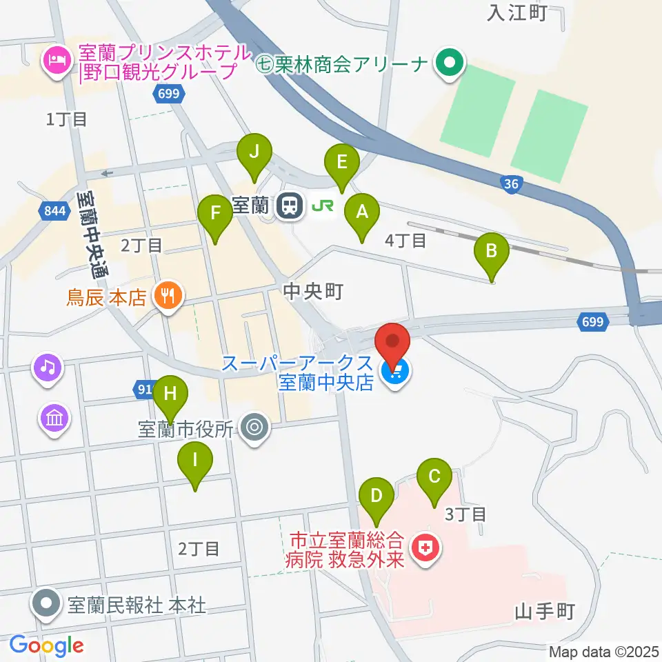 エルム楽器 スーパーアークス室蘭中央センター周辺の駐車場・コインパーキング一覧地図