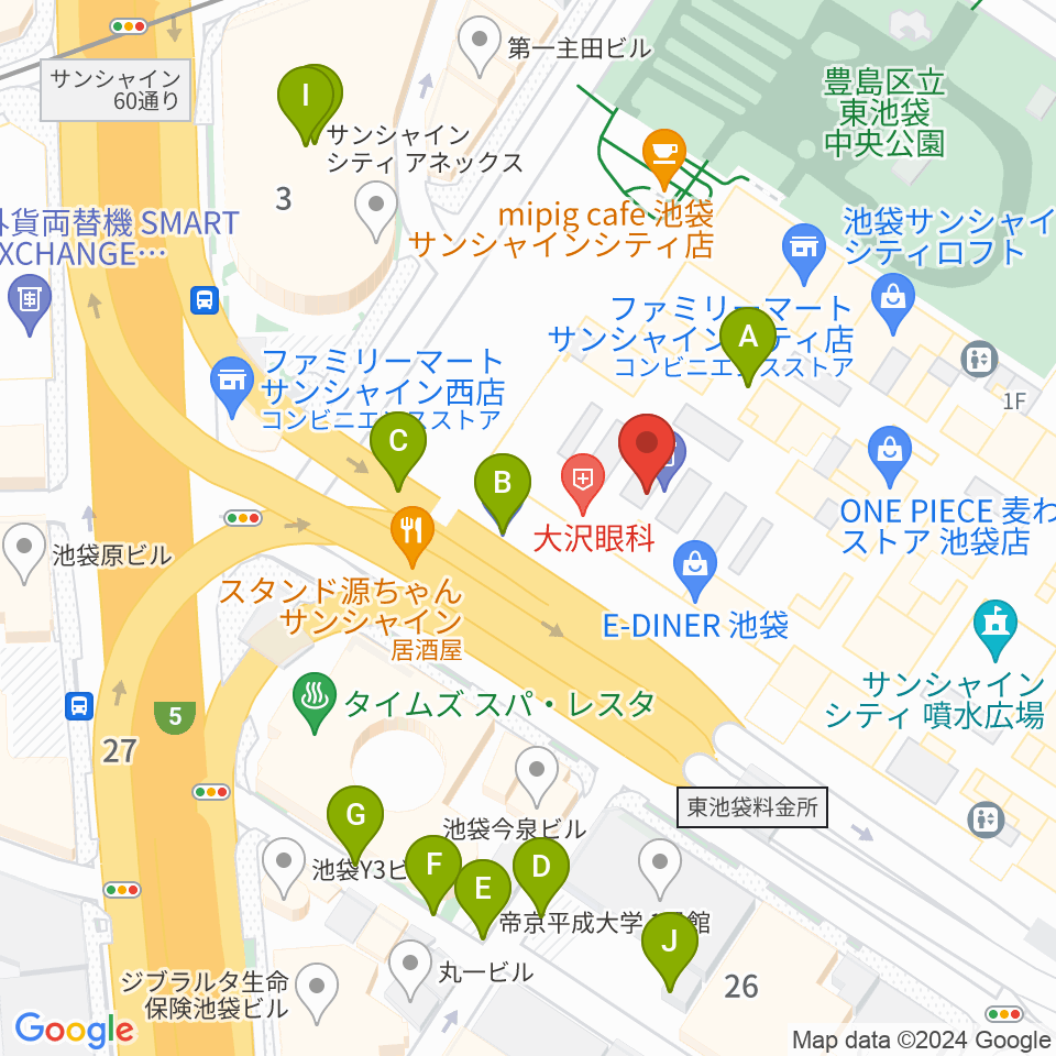サンシャインシティ 展示ホール周辺の駐車場・コインパーキング一覧地図