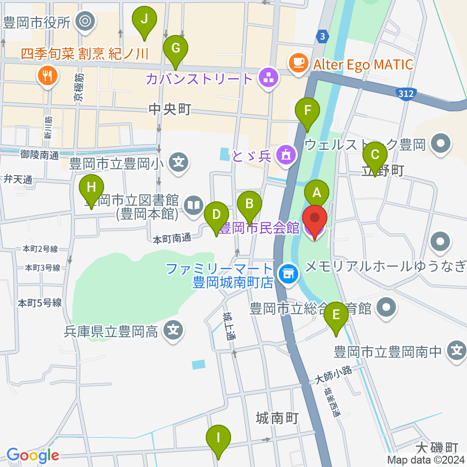 豊岡市民会館周辺の駐車場・コインパーキング一覧地図