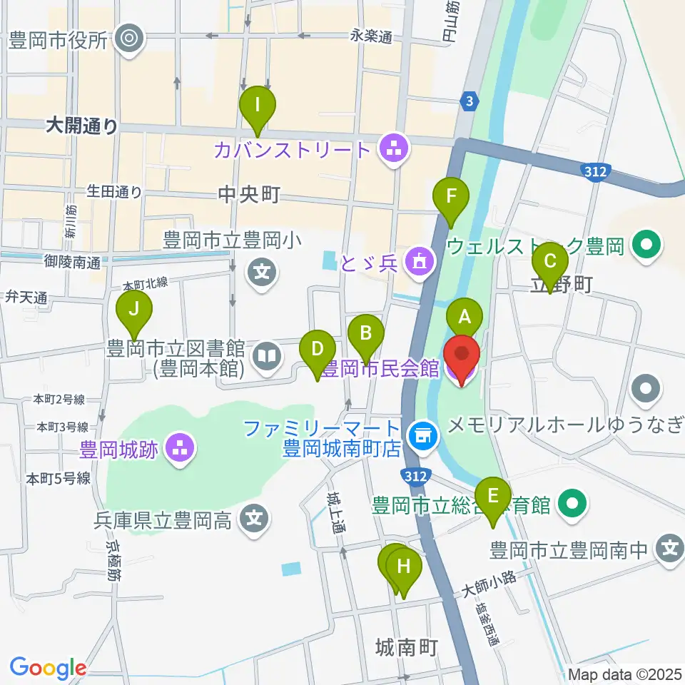 豊岡市民会館周辺の駐車場・コインパーキング一覧地図
